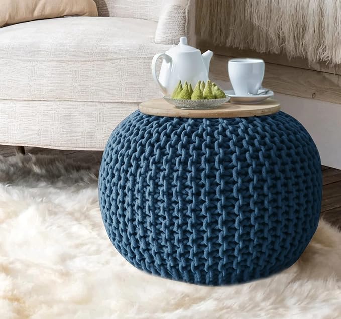 FRELISH DECOR Round Pouf Ottoman Hand Knitted 100% Cotton Pouf Foot Stool - Knitted Bean Bag - Floor Chair for Living Room Bedroom - Foot Rest for Couch (20 Diameter x 14 Height) - Teal