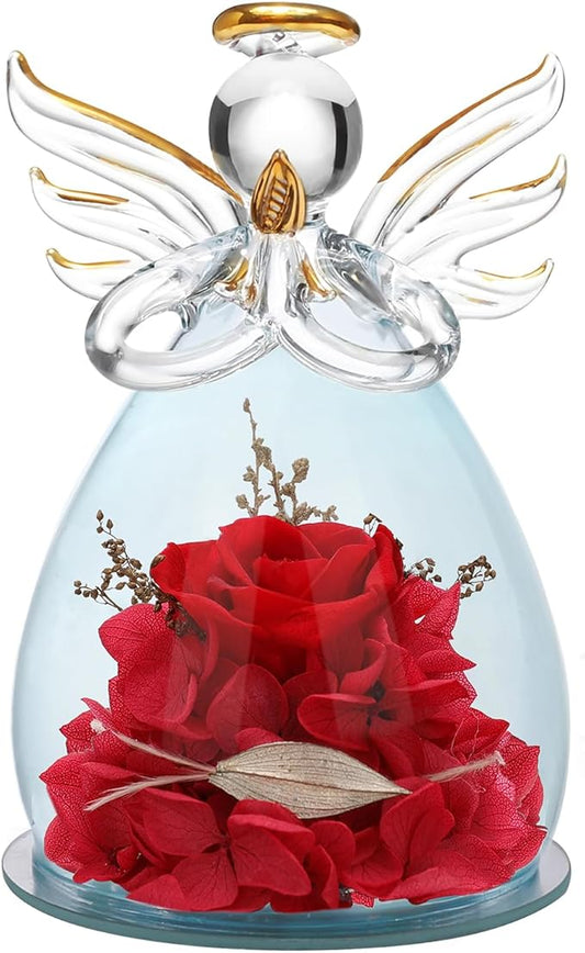 ANLUNOB Preserved Rose Birthday Gifts for Women Mom Grandma Wife, Glass Angel Figurines Gifts with Pretty Red Flowers for Anniversary Wedding