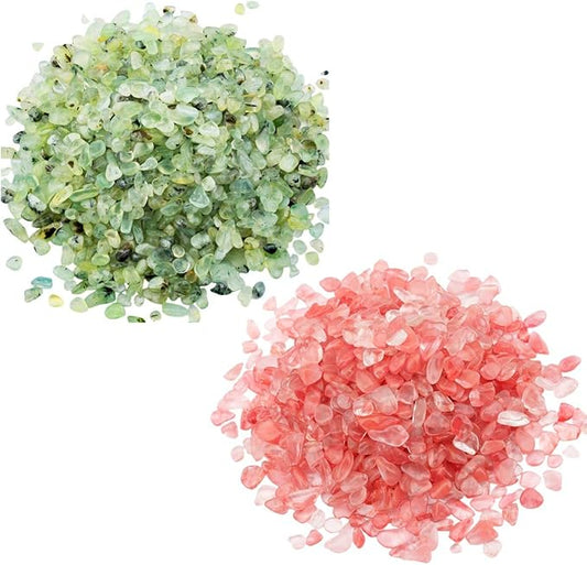 SUNYIK Green Prehnite/Cherry Quartz Tumbled Chips Crystal Crushed Pieces Irregular Shaped 1pound(About 460 Gram)
