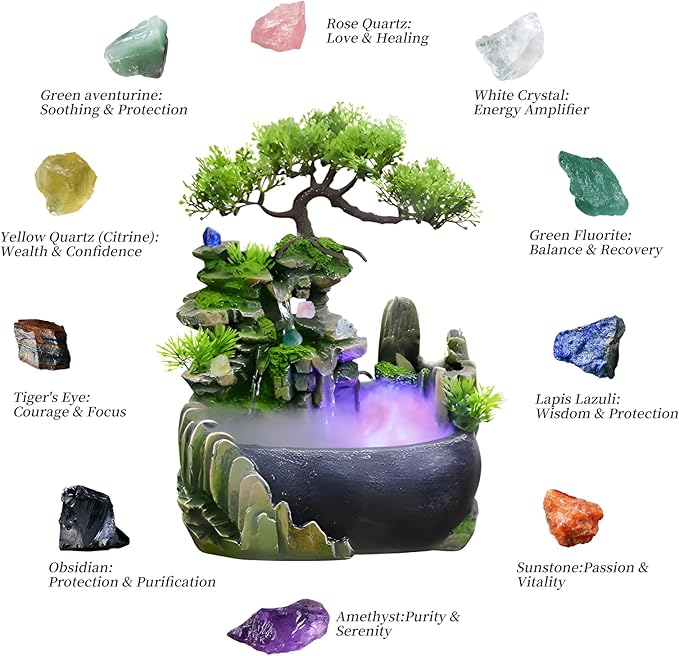 Tabletop Bonsai Tree Fountain with LED Lights, Rock Waterfall and Fog Mist(Free 10 PCS Crystals)