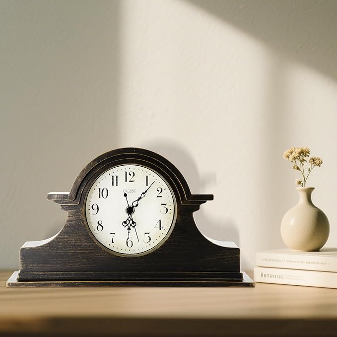 OCEST Vintage Farmhouse Mantel Clock - 13 x 7 Inch Quartz Gilt Finish Battery Operated, Contemporary Napoleon Classic Desk & Shelf Décor for Living Room Office Tabletop Bedside (Walnut Brown)