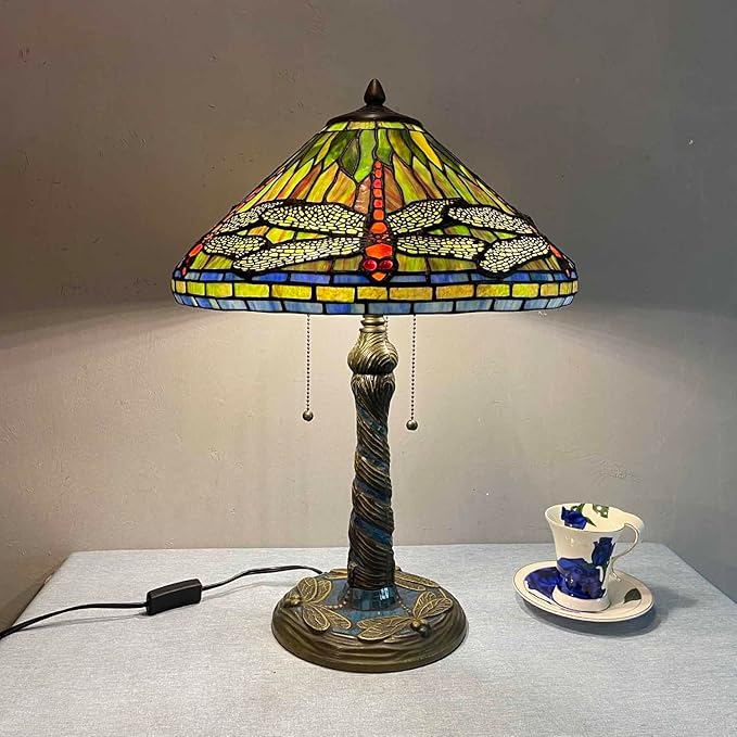 Bieye LB002 Tiffany Style Twisted Dragonfly Table Lamp Base for 16" Wide Lampshade - Made of Metal - Decorated with Stained Glass Mosaic (Antique Brass, 8.27"Wx23.23"H)