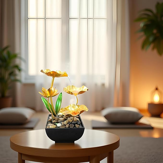 Gold Tabletop Water Fountain, Desktop Waterfall, Indoor Lotus Desktop Decorative Fountain, Home Bathroom Bedroom Decor.Thanksgiving Gift