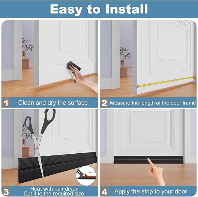 Door Draft Stopper, Adjustable Door Sweep for Bottom of Door, Under Door Gap Filler for Exterior & Interior Doors, Door Weather Stripping Blocks Noise and Cold Air (39Inch, Black)