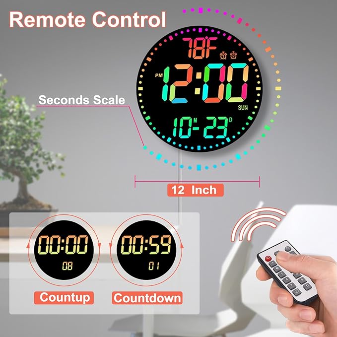 Large 12" RGB Color Changing Digital Wall Clock with Remote Control | LED Display Plug-in Clock with 3 Brightness Levels & Temperature Display | Perfect for Home, Gym, Classroom, Office