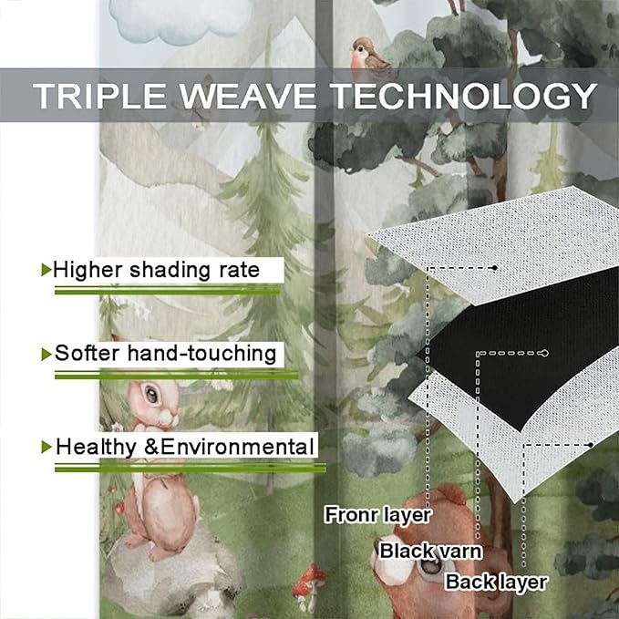 Forest Animal Kids Curtains, Wild Rustic Bear Fox Deer Children Cartoon Window Treatments for Living Room, Watercolor Blackout Drapes 2 Panel Sets,42x54 Inch