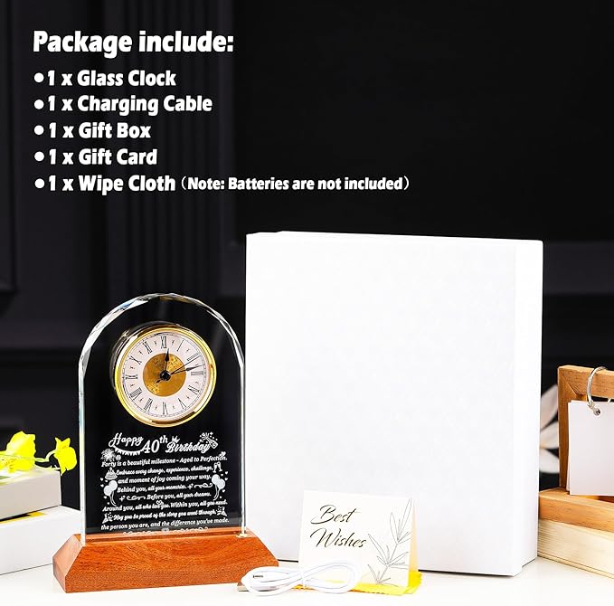 Happy 40th Birthday Glass Clock Gifts for Women, Men - 40 Year Old Birthday Gift with Wooden Light Base for Her Him, Turning 40 Quartz Clock Gift Idea for Mom Dad Unique Keepsake