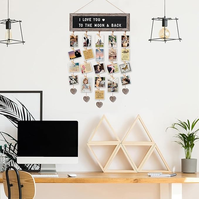 Buecasa Slotted Felt Board with 340 Letters and 30 Clips - Rustic Picture Frames Collage Wall Decor Sign - Multi Photos Cards Organizer 15.7x5 Inches (Barnwood)