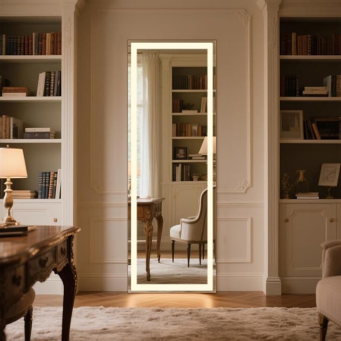 Kosmonia 66x22 Frameless Full Length Mirror, Dimmable 3 Color LED Light w/Memory Function, Distortion Free, HD Reflection & Anti Desilvering, Tempered Glass & Shatter Proof Film Doubling Safety