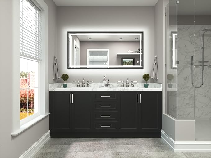 TETOTE 60 x 30 Large Bathroom Mirror Brushed Black Metal Frame Frontlit & Backlit Vanity Mirror 3 Colors White/Warm/Natural Stepless Dimmable Anti-Fog Bathroom Mirrors for Vanity Wall-Mounted