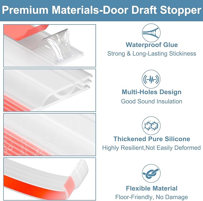 Door Draft Stopper, Adjustable Door Sweep for Bottom of Doors, Under Door Gap Filler for Exterior & Interior Doors, Weather Stripping Seal Blocks Noise and Cold Air (78Inch, Transparent)