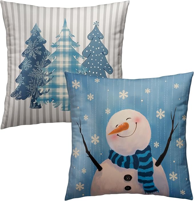 Winter Snowman Throw Pillow Covers - Buffalo Plaid Trees Pillow Covers 20x20 Set of 2 Snowflake Pillowcases Ice Crystal Snow Cushion Covers for Home Sofa Bed