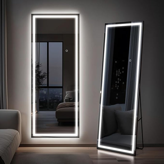 Kosmonia 71x28 Frameless Full Length Mirror, Dimmable 3 Color LED Light w/Memory Function, Distortion Free, HD Reflection & Anti Desilvering, Tempered Glass & Shatter Proof Film Doubling Safety