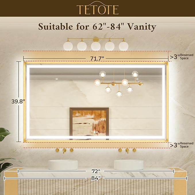 TETOTE 72 x 40 Bathroom LED Mirror Brushed Gold Metal Frame Frontlit & Backlit Vanity Mirror Anti-Fog Stepless Dimmable 3 Colors White/Warm/Natural Wall-Mounted