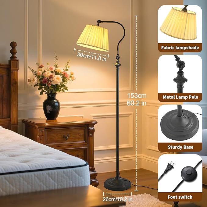 Floor Lamp with Fabric Shade,12W Smart Remote and Bluetooth Dimmable, Standing Lamps for Living Room Corner Bedroom Bedside Farmhouse Office,Modern Rustic Vintage Tall Reading Light