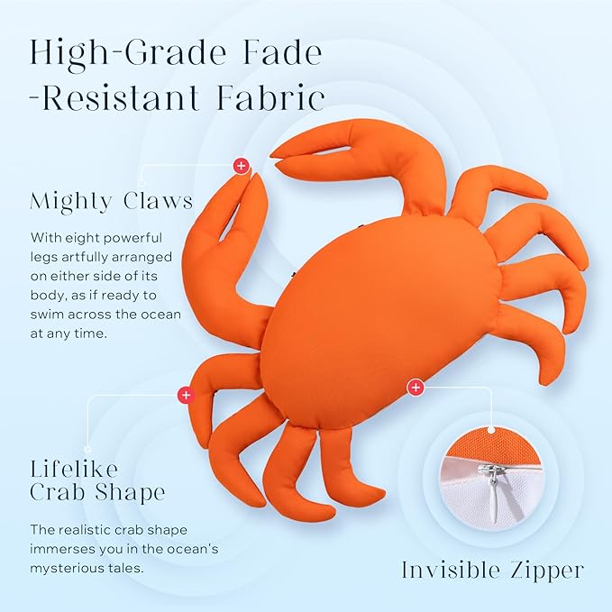 Phantoscope Outdoor Crab Shaped Throw Pillow, Decorative Waterproof Pillows for Outdoor Patio Furniture, Beach Cushion Pillows, Orange and White 17 x 11 Inches