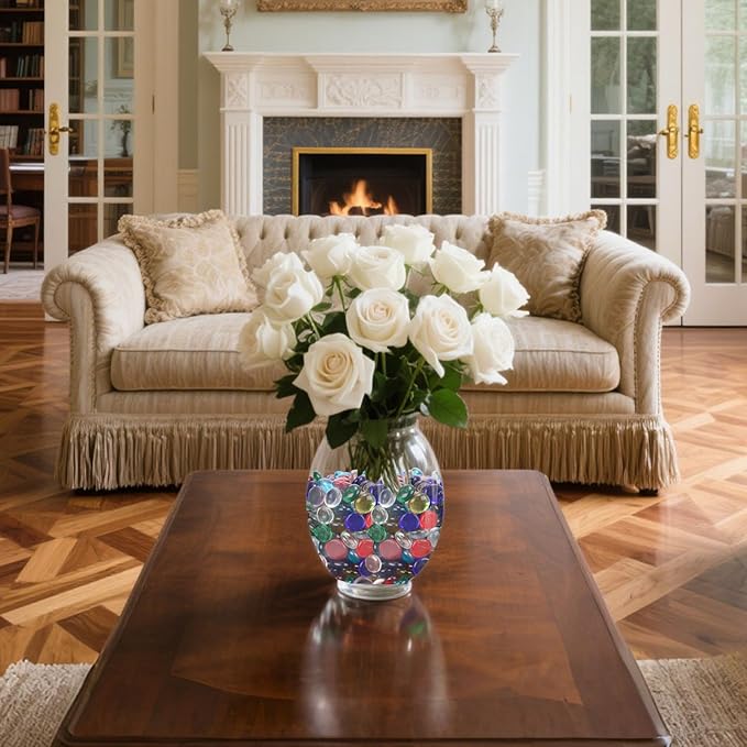 FUTUREPLUSX 5 Lb Flat Glass Marbles, 500 PCS Assorted Colors Flat Gems Aquarium Pebbles Vase Filler Table Scatter Decor, Red, Green, Blue, Yellow, Transparent