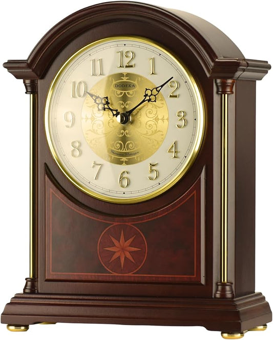 Mantel Clock Antique Classic Luxury Style Golden Clock Dial Alnus Wood Clock Frame Hourly Chime Non-Ticking Night Mode