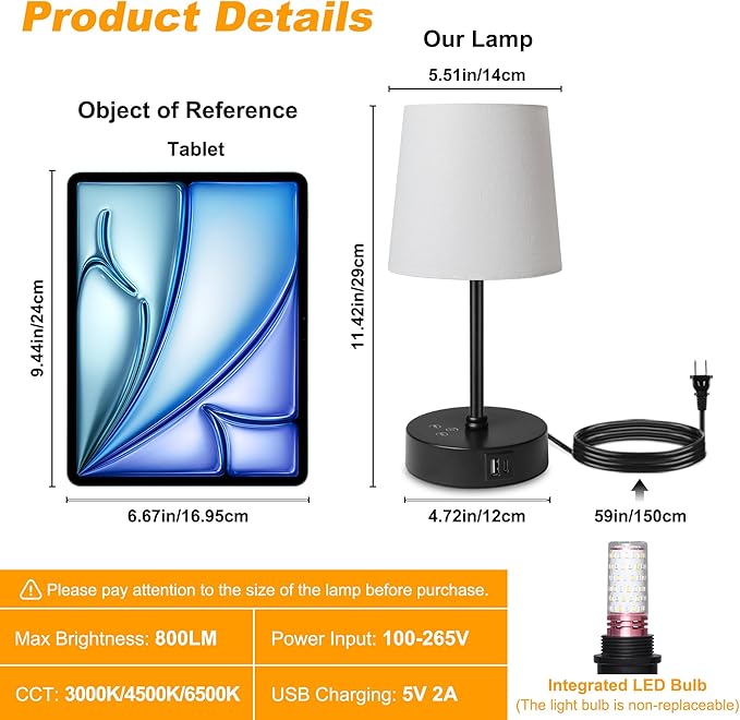 Ascher Small Bedside Table lamp Set of 2, RGB Color Changing Lamps, 3 Color Temperatures Nightstand Lamps with USB C and A Ports, Touch Dimmable Desk Lamp for Bedroom Living Room(White Shade)