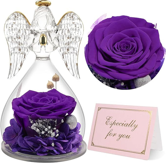 Yamonic Mom Birthday Gifts for Mom Grandma, Angel Figurines with Real Rose Gifts for Women Moms, Preserved Flowers Rose Glass Angel for Mothers Day Christmas Valentine's Day Gifts for Her(Purple)