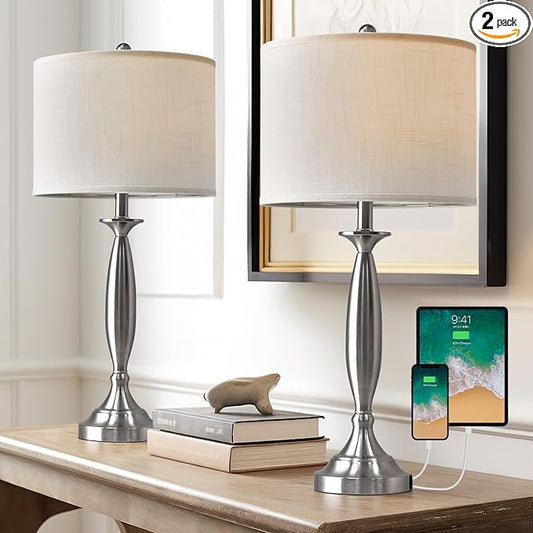 Oneach 27" Modern Table Lamps Set of 2 for Living Room Bedroom with USB A+ C Charging Port,Brushed Steel Bedside Lamps for Night Stands,Fabric Drum Shade Nightstand Lamp Light for End Tables Home