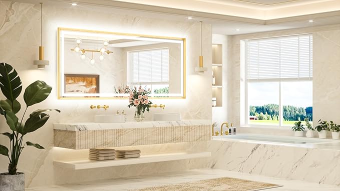 TETOTE 84 x 36 Bathroom LED Mirror Brushed Gold Metal Frame Frontlit & Backlit Vanity Mirror Anti-Fog Stepless Dimmable 3 Colors White/Warm/Natural Wall-Mounted