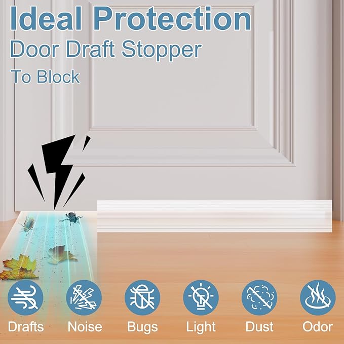 Door Draft Stopper, Adjustable Door Sweep for Bottom of Doors, Under Door Gap Filler for Exterior & Interior Doors, Weather Stripping Seal Blocks Noise and Cold Air (78Inch, Transparent)