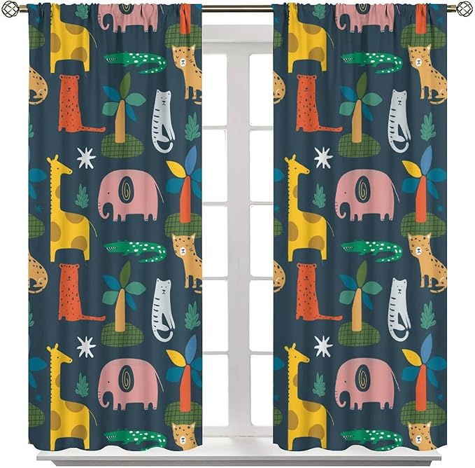 Nursery Safari Animals Curtains Baby Boy Kids Woodland Jungle Forest Lion Elephant Printed Curtains for Living Room Bedroom Window Drapes Fabric 2 Panels 42 (W) X 54(H) Inch