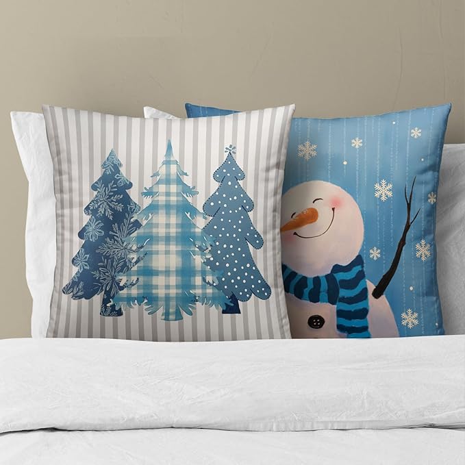 Winter Snowman Throw Pillow Covers - Buffalo Plaid Trees Pillow Covers 20x20 Set of 2 Snowflake Pillowcases Ice Crystal Snow Cushion Covers for Home Sofa Bed