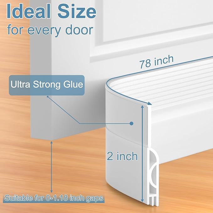 Door Draft Stopper, Adjustable Door Sweep for Bottom of Door, Under Door Gap Filler for Exterior & Interior Doors, Door Weather Stripping Blocks Noise and Cold Air (78Inch, White)