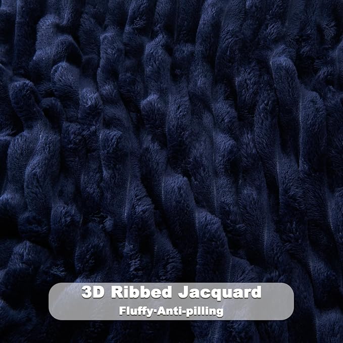 NEWCOSPLAY Super Soft Queen Blanket Dark Navy Premium Silky Flannel Fleece 3D Ribbed Jacquard Lightweight Bed Blanket All Season Use (Dark Navy Ribbed, Queen(90"x90"))