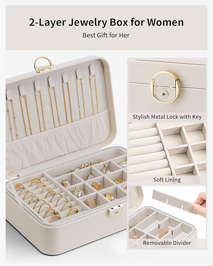 Vlando Jewelry Box Organizer for Women Girls, 2 Layer Jewelry Case with Lock,Jewelry Storage Earrings Necklace,Rings,Gift for Teachers Wedding Birthday Gifts-Cream White
