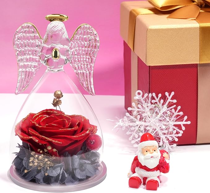 Yamonic Mom Birthday Gifts for Moms, Angel Figurines with Real Rose Gifts for Her Mother Grandma, Preserved Flowers Rose Angel Figurines for Mothers Day Christmas Birthday Gifts for Women(Redgold)