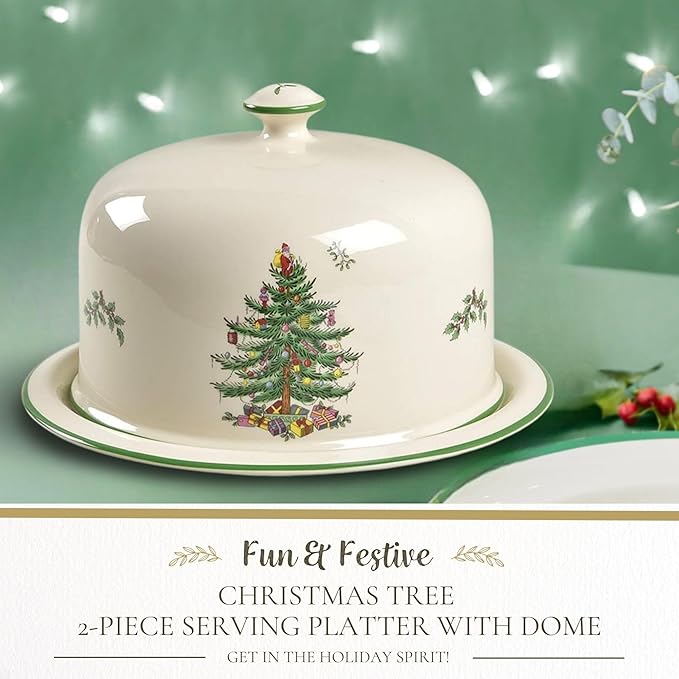 Spode Christmas Tree 2 Piece Serving Platter with Dome Set - Ceramic Holiday Serving Tray for Cakes, Desserts, Side Dishes - Microwave, Oven, Dishwasher Safe Christmas Serveware