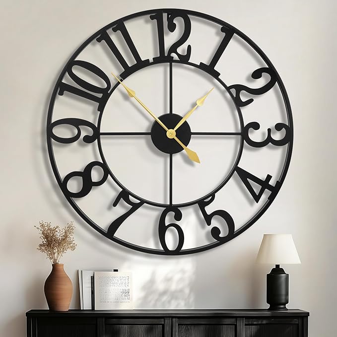 Large Wall Clocks for Living Room Decor, 32 Inch Round Black Metal Silent Non Ticking Battery Operated Jumbo Numerals Modern Vintage Decorative Clock Wall for Bedroom,Kitchen,Office,Farmhouse