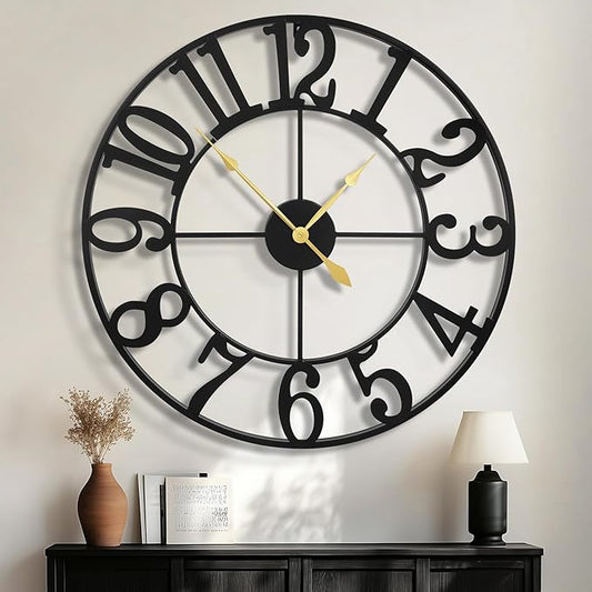 Large Wall Clocks for Living Room Decor, 32 Inch Round Black Metal Silent Non Ticking Battery Operated Jumbo Numerals Modern Vintage Decorative Clock Wall for Bedroom,Kitchen,Office,Farmhouse