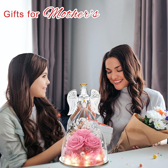 Christmas Angel Gifts for Women Gift for Mom,Preserved Real Rose in Glass Angel Figurines with Angel Necklace,Preserved Flower Birthday Gifts for Women Mom Wife Girlfriend for Thanksgiving Xmas Gift