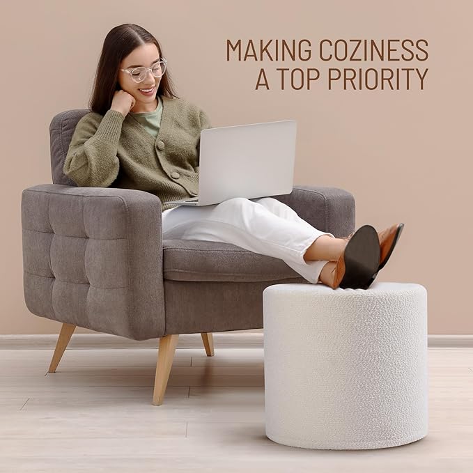 Round Pouf Ottoman and Foot Rest, Soft Boucle Footstool Ottomans for Living Room, Comfort Sponge Stuffed Poofs for Couch Desk Resting Your Feet, White(17.1" D x 17.1" W x 14" H)