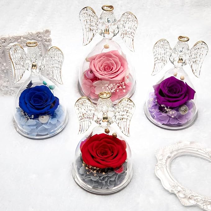 Yamonic Mom Birthday Gifts for Mom Grandma, Angel Figurines with Real Rose Gifts for Women Moms, Preserved Flowers Rose Glass Angel for Mothers Day Christmas Valentine's Day Gifts for Her(Purple)