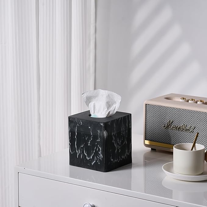 Tissue Box Cover Square Resin Tissue Holder for Home Decor, Hand Poured Marble Tissue Box Holder, 5 x 5 x 5.5 inches, Black