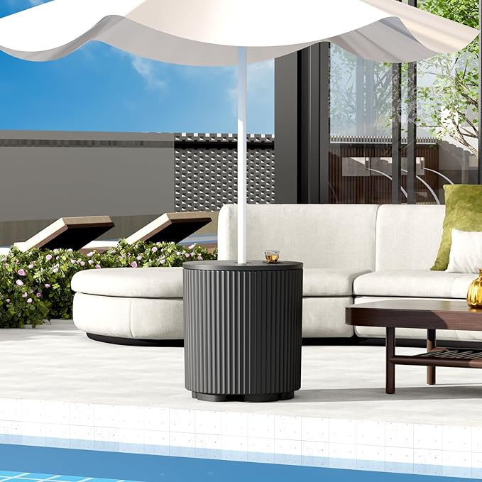 Outdoor Side Table with Umbrella Hole, Stylish Umbrella Base Outdoor Patio or Beach, Umbrella Stand Fits Up to 1.9" Pole, Patio Umbrella Base for Garden, Deck & Lawn, Black