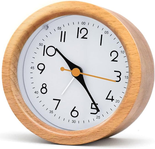 4'' Natural Wooden Analog Alarm Clock with Soft Night Light - Battery Operated Non-Ticking Silent Tabletop Minimalist Desk & Bedside Clock for Bedrooms Living Room Home Office Decor