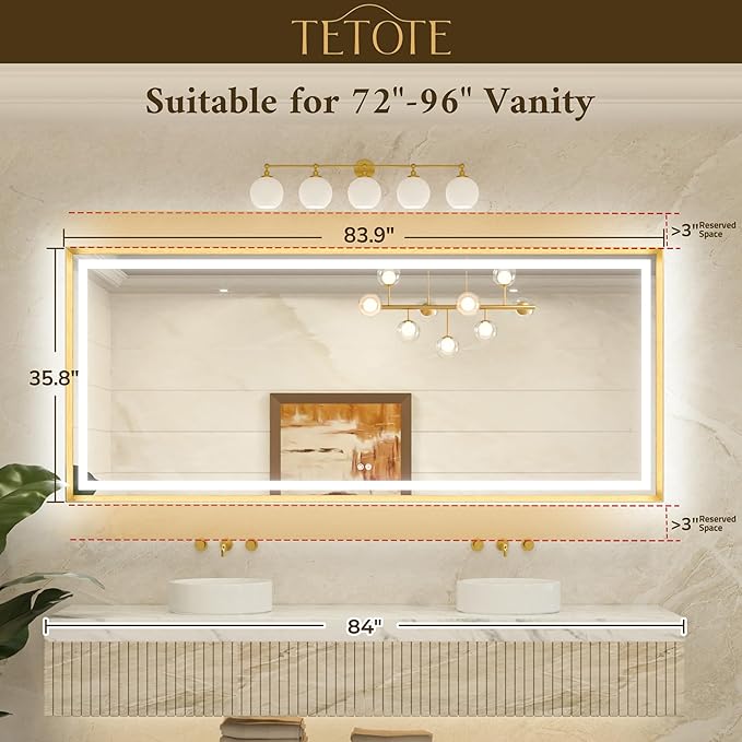 TETOTE 84 x 36 Bathroom LED Mirror Brushed Gold Metal Frame Frontlit & Backlit Vanity Mirror Anti-Fog Stepless Dimmable 3 Colors White/Warm/Natural Wall-Mounted
