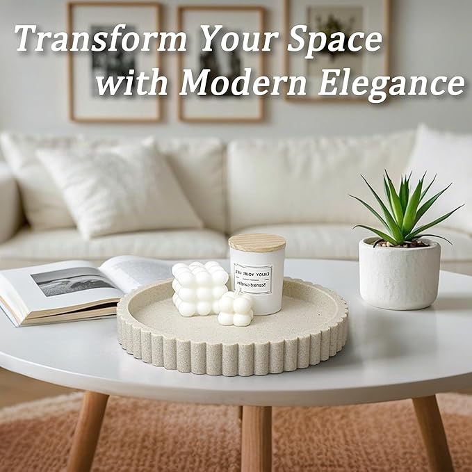 Decorative Coffee Table Tray, 11" Round Resin Coffee Table Centerpiece Tray for Home Decor, Modern Organizer for Living Room, Console or Dresser, Beige