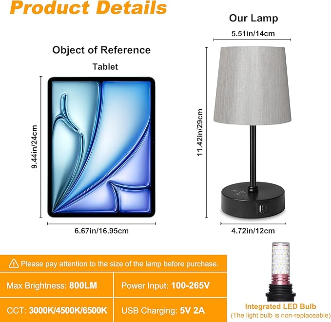 Ascher Small Bedside Table lamp Set of 2, RGB Color Changing Lamps, 3 Color Temperatures Nightstand Lamps with USB C and A Ports, Touch Dimmable Desk Lamp for Bedroom Living Room(Grey Shade)