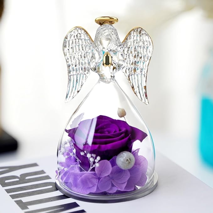 Yamonic Mom Birthday Gifts for Mom Grandma, Angel Figurines with Real Rose Gifts for Women Moms, Preserved Flowers Rose Glass Angel for Mothers Day Christmas Valentine's Day Gifts for Her(Purple)