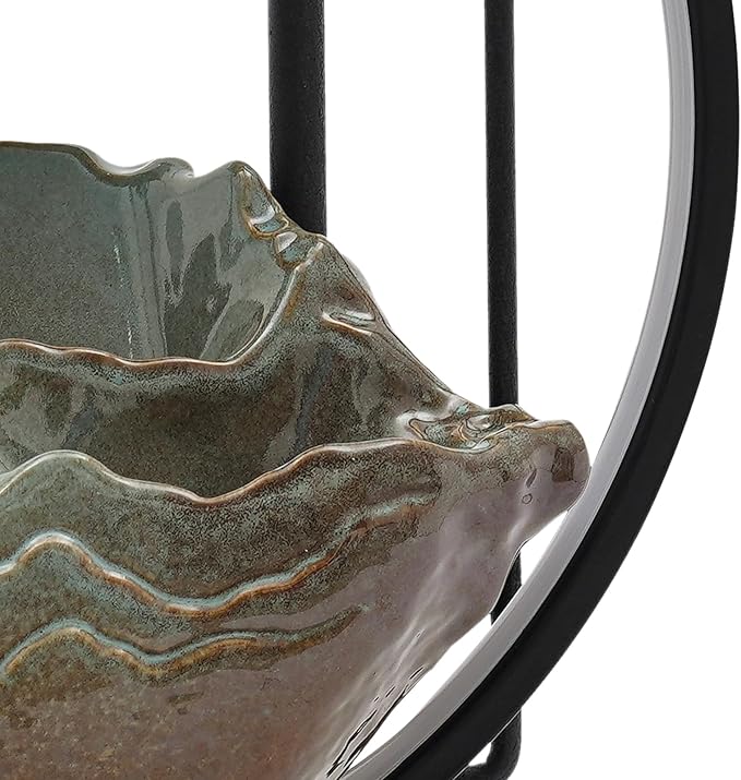 Ceramic Tabletop Fountain with Wood Stand, Indoor Waterfall Feature for Home Office Desk,Desktop Water Fountain Asian Zen Decor with LED Light for Relaxation