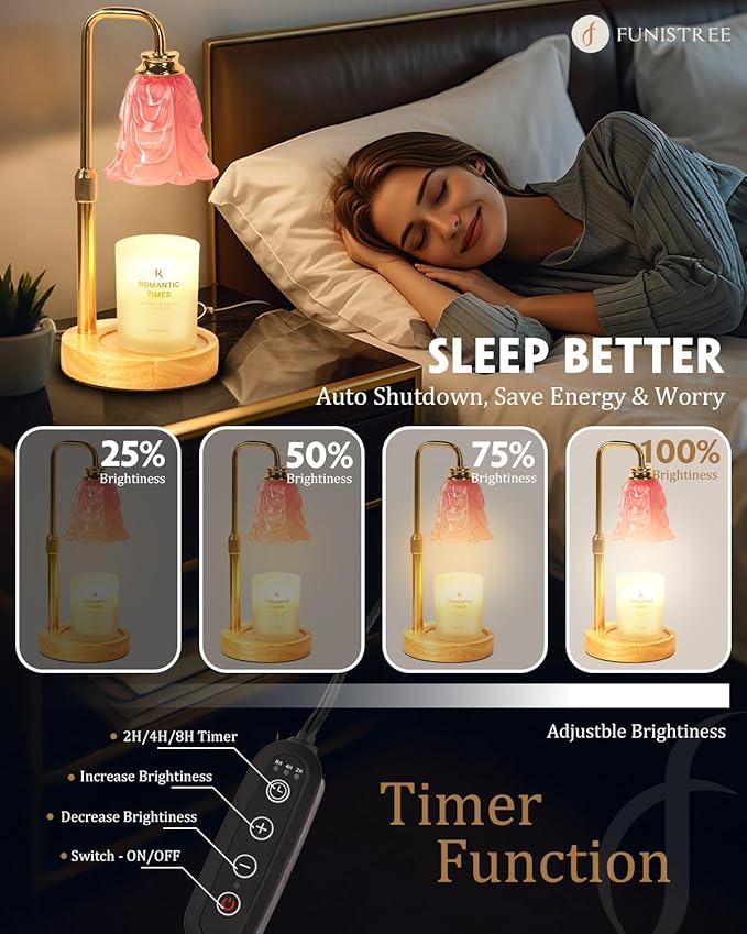Small Candle Warmer Lamp with Timer, Adjustable Pink Flower Candle Heat Lamp, Unique Women's Gifts for Birthday, Dimmable Candles Heater, Christmas Gifts, Fashion Wax Warming Light with Wood Base