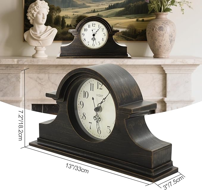 OCEST Vintage Farmhouse Mantel Clock - 13 x 7 Inch Quartz Gilt Finish Battery Operated, Contemporary Napoleon Classic Desk & Shelf Décor for Living Room Office Tabletop Bedside (Walnut Brown)