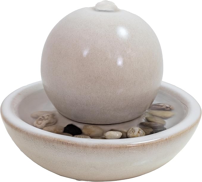Sunnydaze Tabletop Ceramic Tabletop Fountain with Orb - Relaxing Indoor Fountain for Meditation - for Office, Bedroom, or Living Room - White